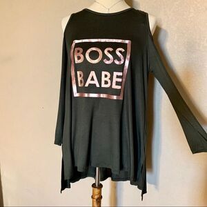 “Boss Babe” Cold Shoulder Olive Green Top M Hi Low